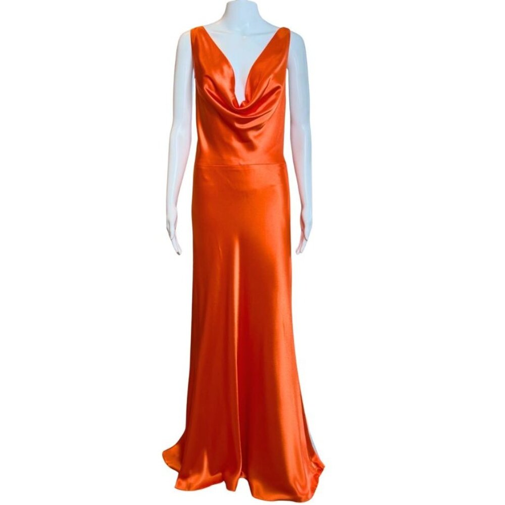 Satin Draped Cowl Neck Gown by Issue Orange Size 10 NWT